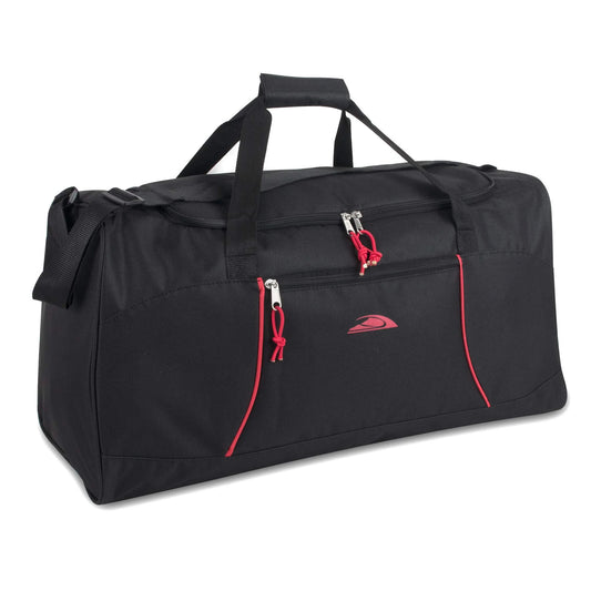 24 Inch 55 Liter Weekender Overnight Duffel Shoulder Bag for Men, Women, Teens, Gym, Travel, Sports and Recreation in Black with Red Trim