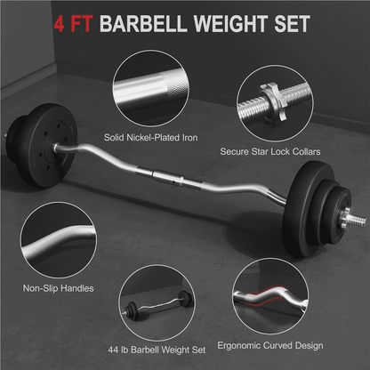 44 Lb Barbell Weight Set with Plates and Detachable Curl Bar, Black