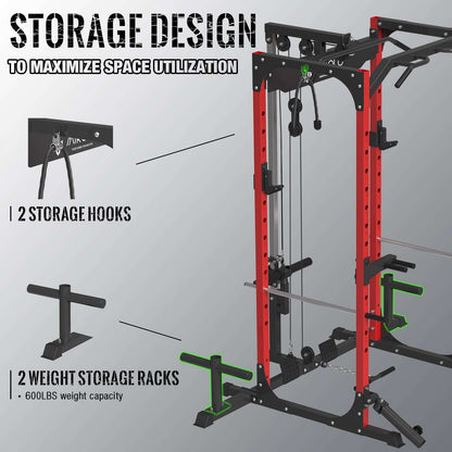 Power Rack Cage with LAT Pulldown System,1200Lbs Capacity Steel Workout Rack, Multi-Functional Squat Rack with 13-Level Adjustable Height and J-Hooks, Dip Bars, T-Bar, Gym Equipment (Upgraded)
