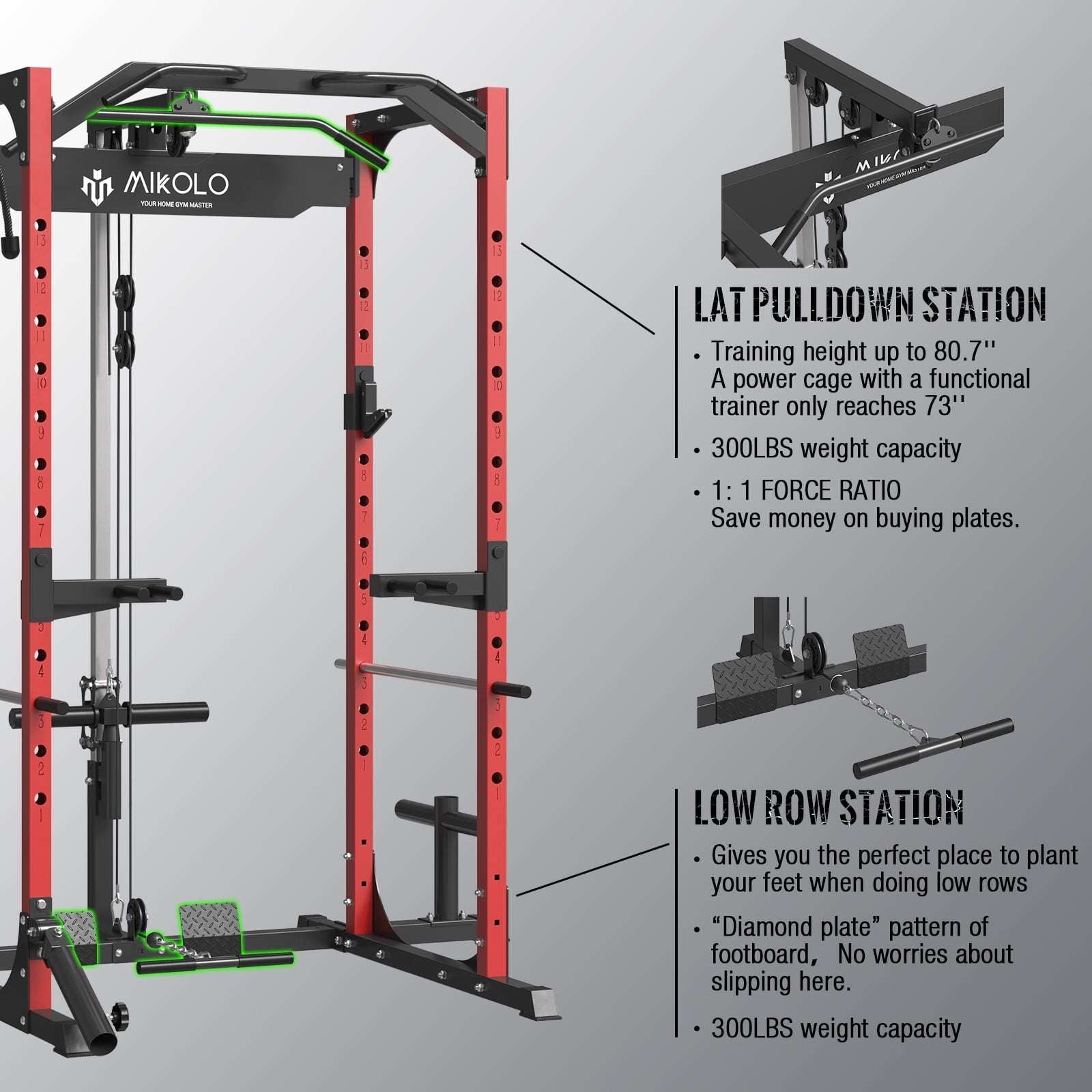 Power Rack Cage with LAT Pulldown System,1200Lbs Capacity Steel Workout Rack, Multi-Functional Squat Rack with 13-Level Adjustable Height and J-Hooks, Dip Bars, T-Bar, Gym Equipment (Upgraded)